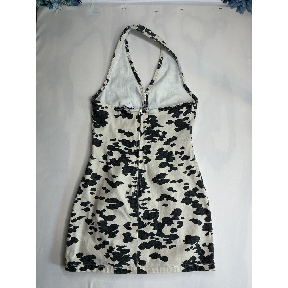 Nasty Gal Dalmatian Print Halter Mini Dress White Black Cutout Denim US 4 NWT - Picture 7 of 12